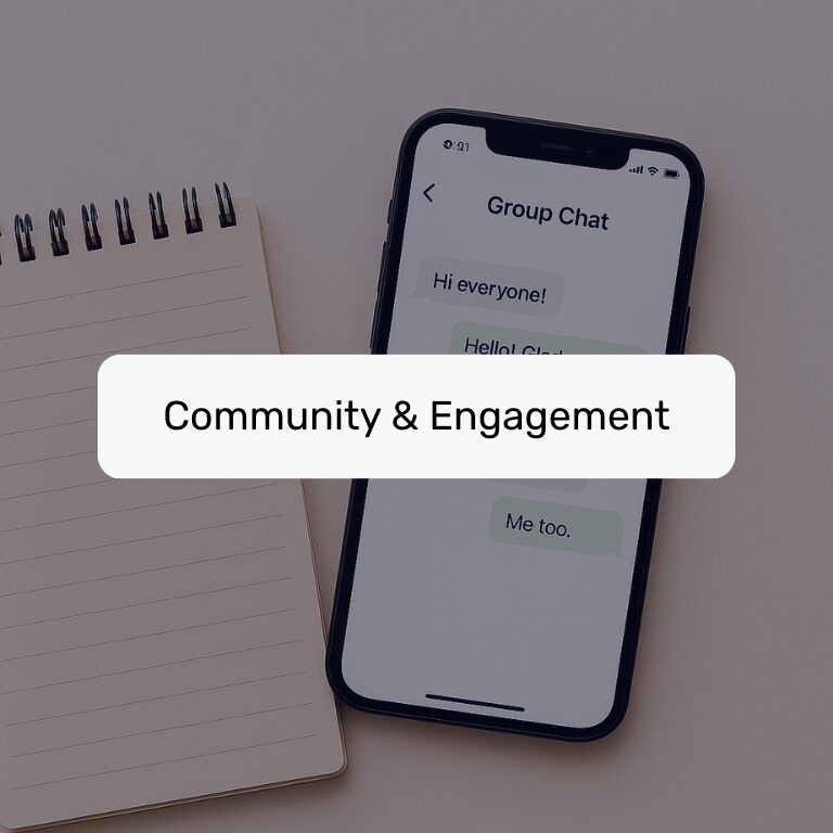 Flat lay with notebook and smartphone displaying a group chat, labeled "Community & Engagement."