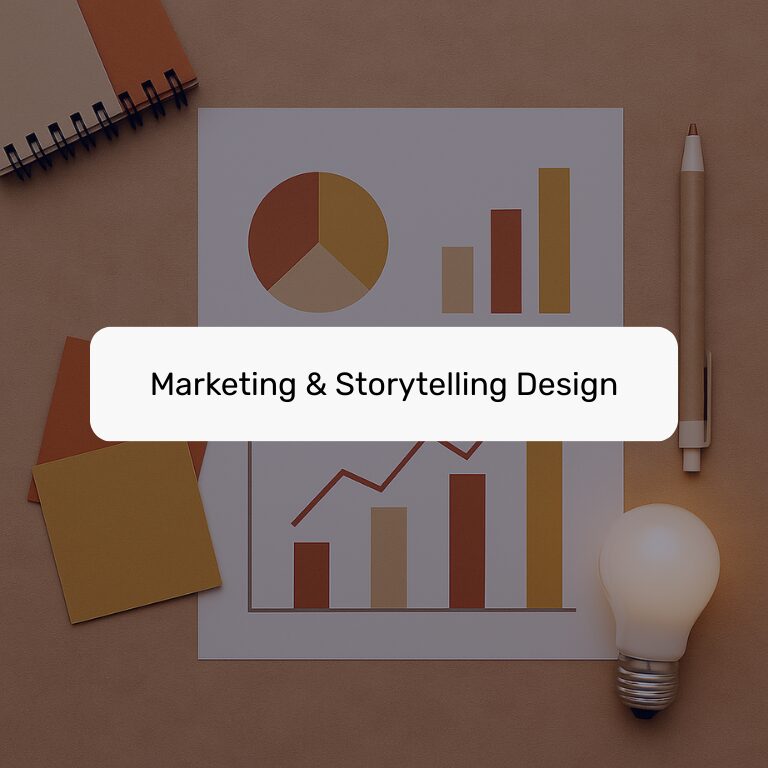 Notebook, charts with bar and pie graphs, sticky notes, and a light bulb on a desk with the label "Marketing & Storytelling Design.”