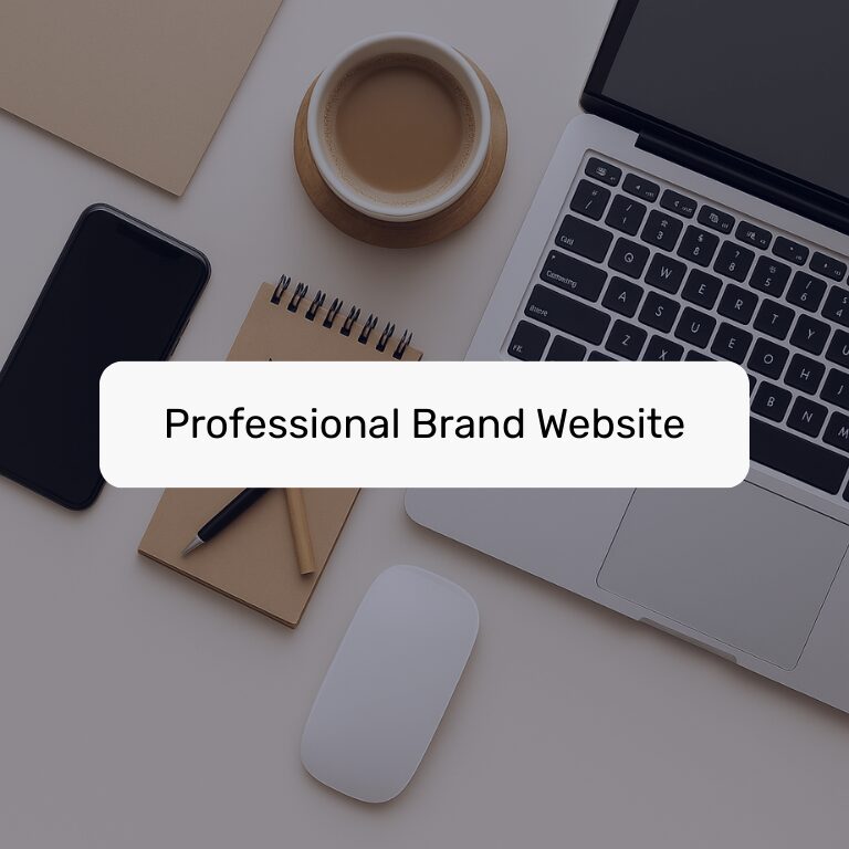 Laptop, smartphone, coffee cup, notebook, pen, and mouse on a desk with the label "Professional Brand Website."