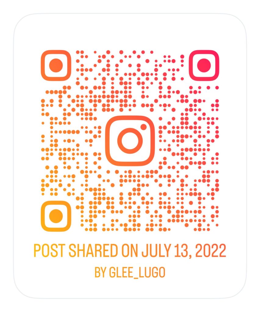 This is a custom Instagram QR code in orange-to-pink gradient style with the Instagram logo at the center. At the bottom, it says:
“POST SHARED ON JULY 13, 2022
BY GLEE_LUGO”