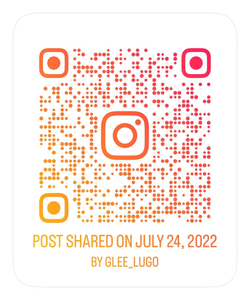 This is a custom Instagram QR code in orange-to-pink gradient style with the Instagram logo at the center. At the bottom, it says:
“POST SHARED ON JULY 24, 2022
BY GLEE_LUGO”