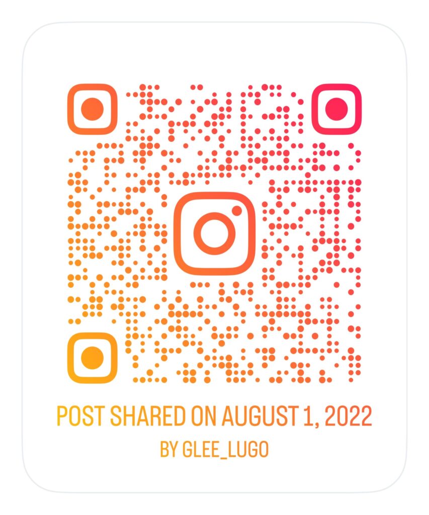 This is a custom Instagram QR code in orange-to-pink gradient style with the Instagram logo at the center. At the bottom, it says:
“POST SHARED ON AUGUST 1, 2022
BY GLEE_LUGO”