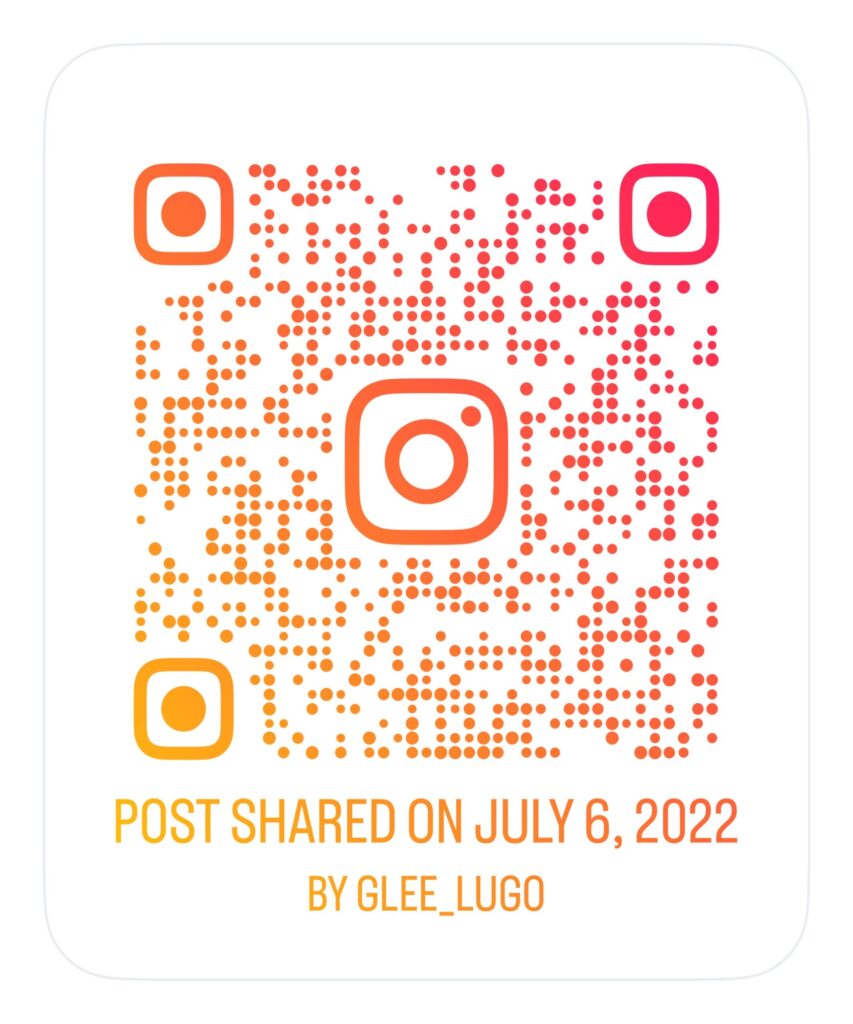 This is a custom Instagram QR code in orange-to-pink gradient style with the Instagram logo at the center. At the bottom, it says:
“POST SHARED ON JULY 6, 2022
BY GLEE_LUGO”