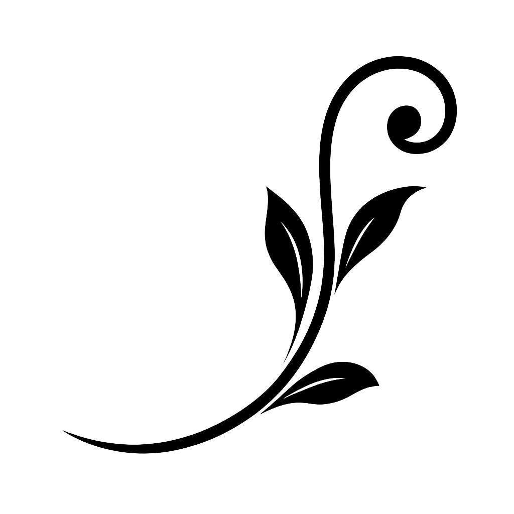 A decorative ornamental flourish with a curved stem and two leafy accents, styled in black against a transparent background.